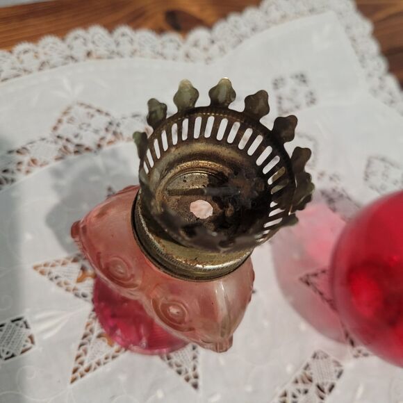 Vtg Mini Oil Lamp Cranberry glass globe with fish bottom RARE Flaw Old World - Picture 6 of 12